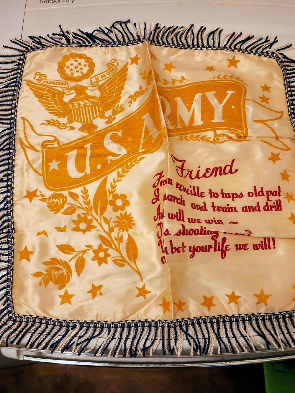 Vintage WWII U.S. Army Souvenir Accent Pillow Cover in Gold and Red